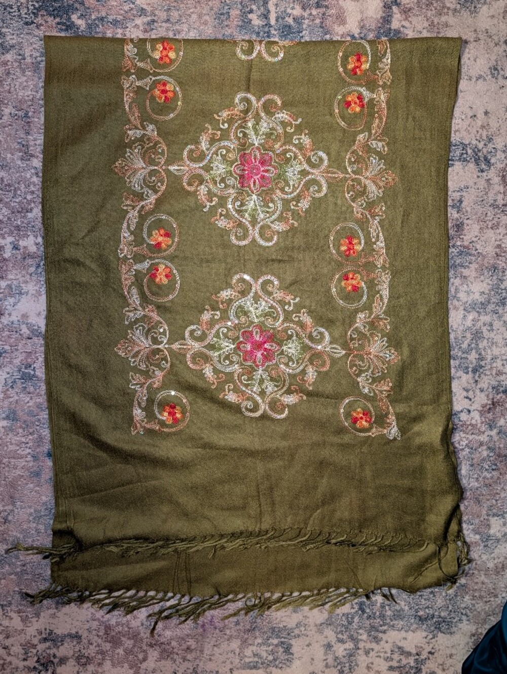 Olive Green Embroidered Parishima Scarf